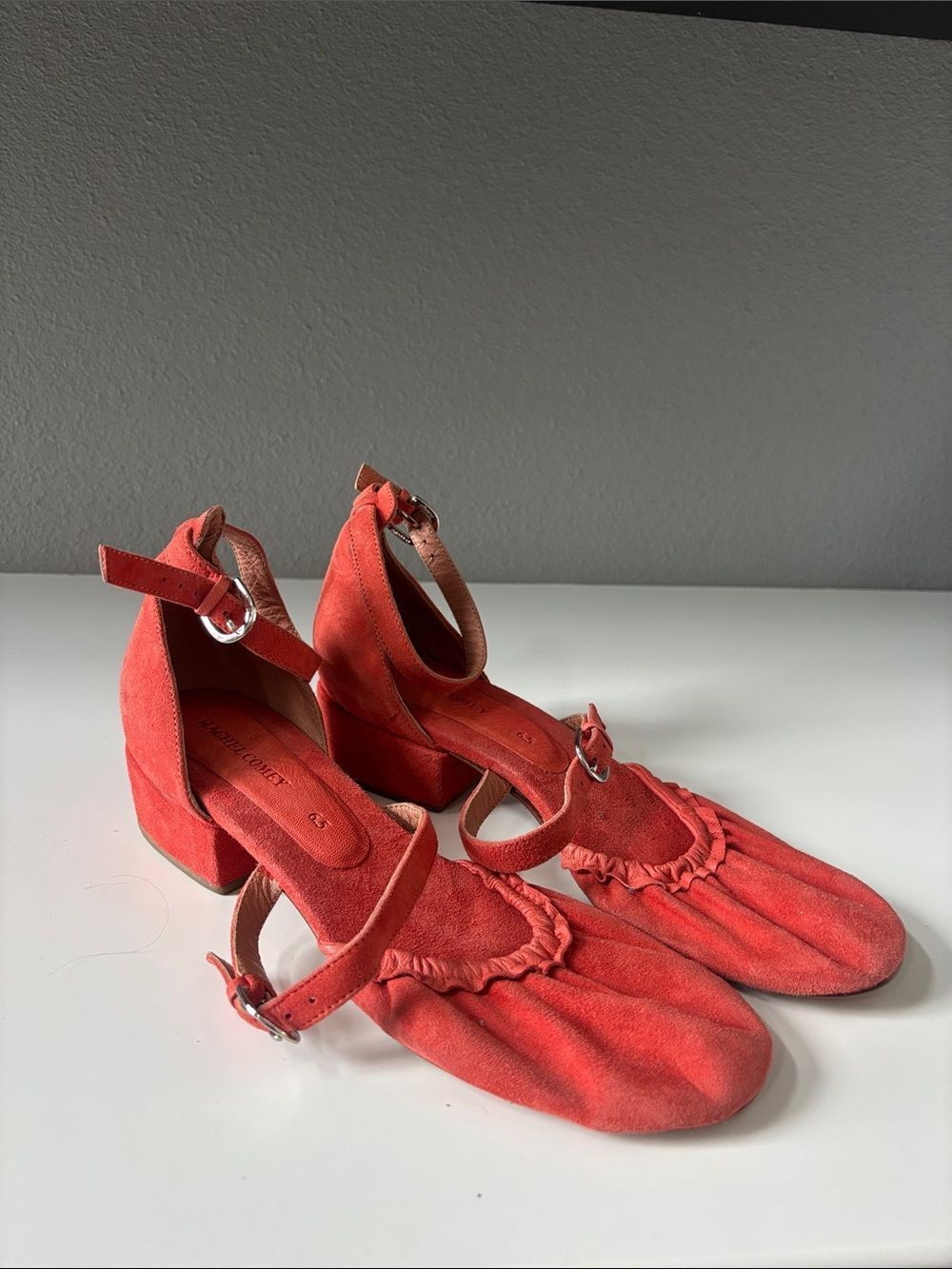 Rachel Comey Juneau Coral Red Suede Block Heel Ankle-Strap Pumps